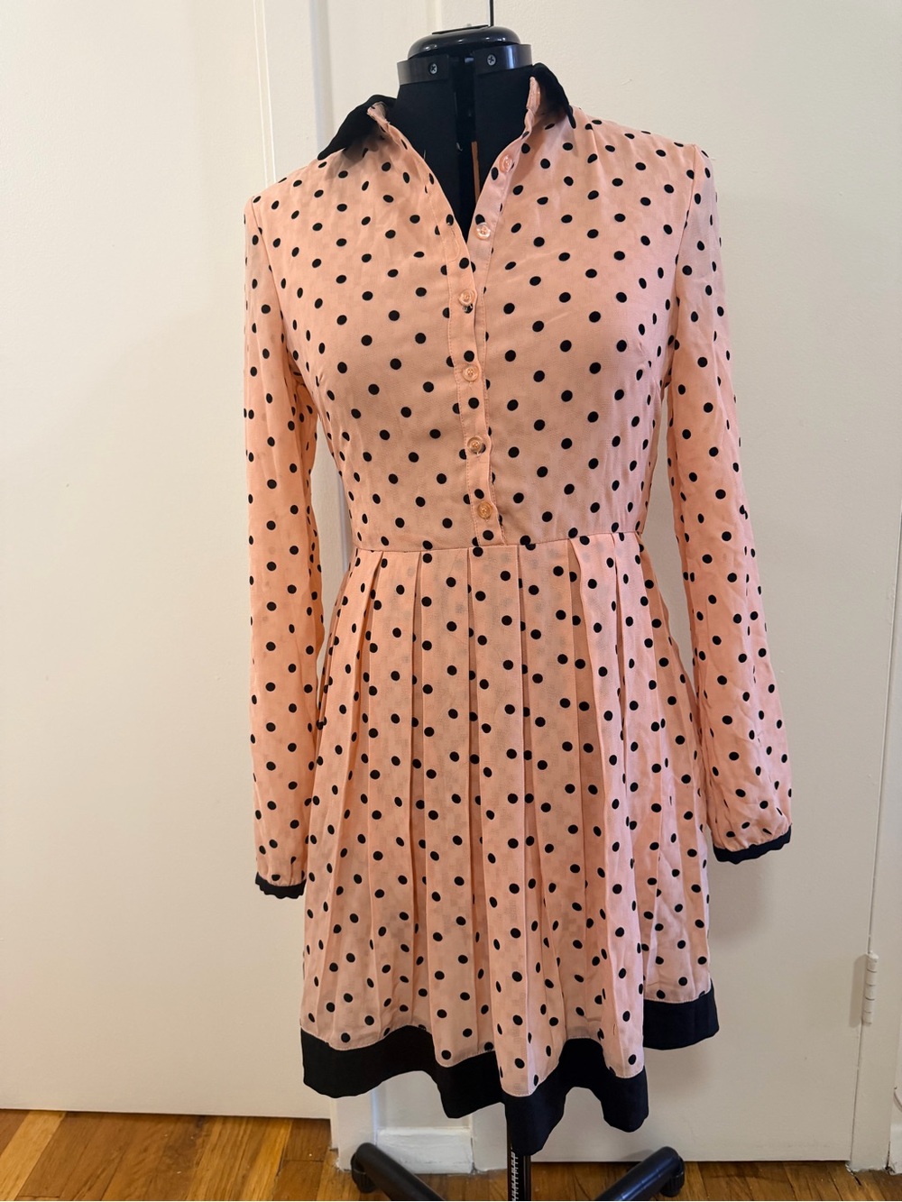 Esley Pink Polka Dot Long-Sleeve Dress with Black Border